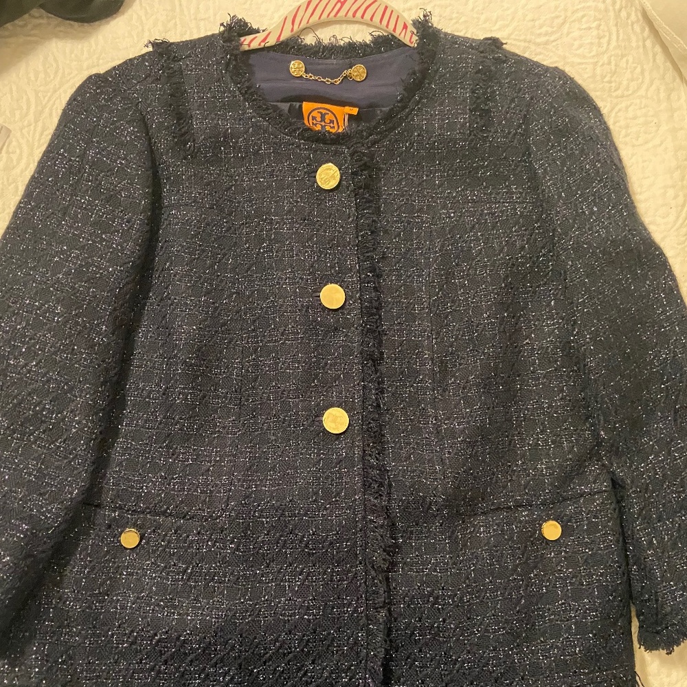 Tory Burch Emma Navy Tweed Three Quarter Sleeve Jacket 12